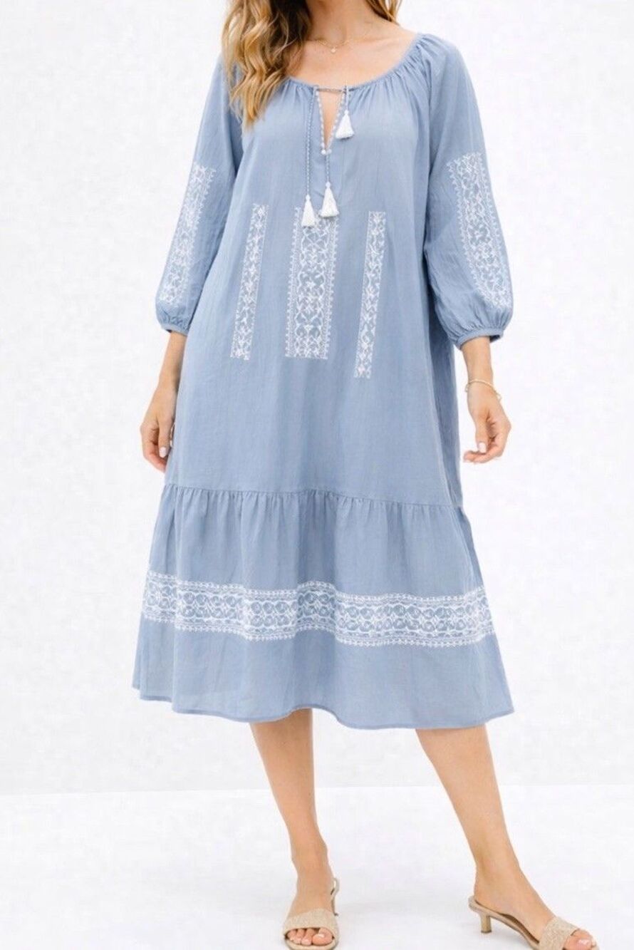 Corey Lynn Calter XS Blue Embroidered Boho Peasant Dress Tassel Tie 3/4 Sleeve